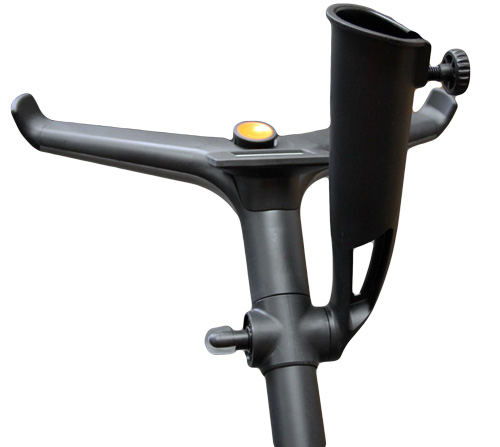 View of how Kangaroo Golfstream umbrella holder is installed on caddy