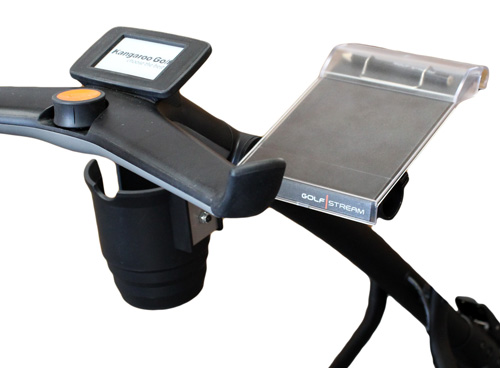 Cup holder and scorecard holder installed on Kangaroo golfstream fold-up caddy