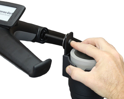 Cup holder, first washer, and bolt sliding into Golfstream accessory station.