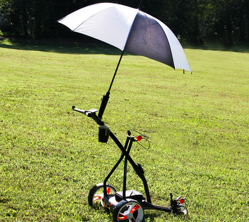 Kangaroo Golfstream with umbrella stand and golf umbrella installed so it's ready to protect golfer from the sun.