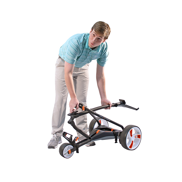 Golfer demonstrating Kangaroo Golfstream caddy's easy fold-up